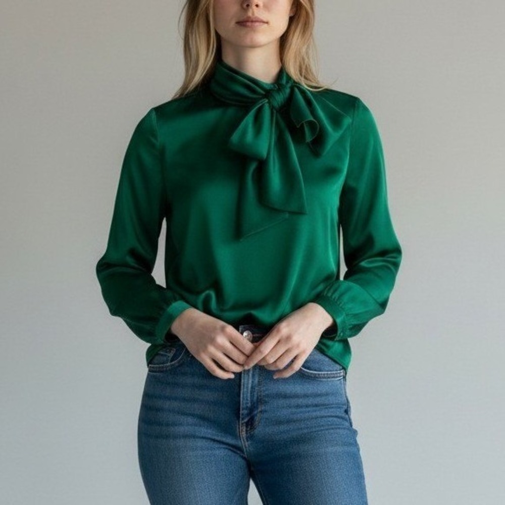 Alberta Ferretti Emerald Green Silk Satin Tie Neck Secretary Top Blouse Womens 8